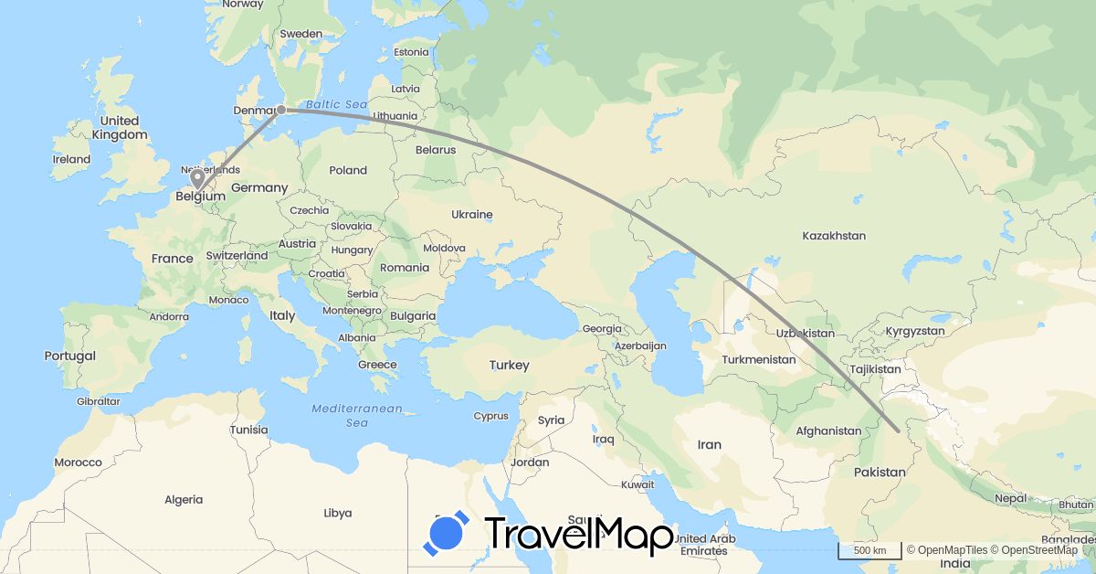 TravelMap itinerary: driving, plane in Belgium, Denmark, Pakistan (Asia, Europe)